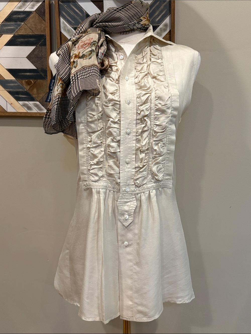 Vintage Ralph Lauren Blue Label Y2K Silk Ruffle Front Sleeveless Blouse size 6